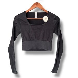 Offline by Aerie Washed Black Ribbed Square Neck Long Sleeve Crop Top Size M